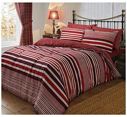 Flannel Duvet Cover Set Double with Pillowcases Quilt Reversible Printed Brushed Cotton, Stripe Red
