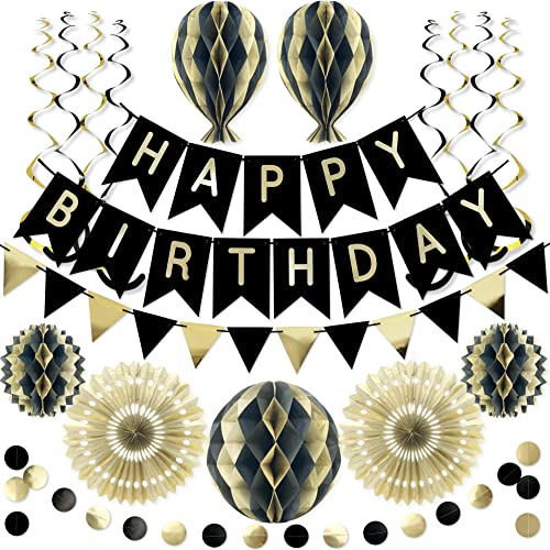 Réutilisable Noir et Or Kit Décoration Anniversaire Premium – Banderole Multi-Occasions, Guirlandes, Pompons, Lampions Papier, Décor Homme et Adulte par Itsy Bitsy Party Co.