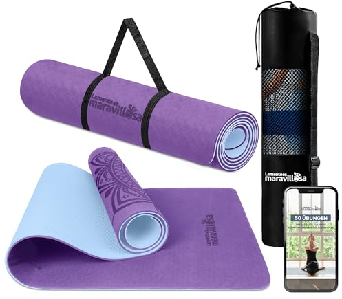 LA MENTE ES MARAVILLOSA - Gymnastikmatte, Rutschfest Yogamatte inkl. Tragegurt + Tasche + Übungs-E-Book, Gepolstert, Hautfreundliches TPE für Fitness/Pilates/Workout 183x61cm (Mandala, Lila/Hellblau)