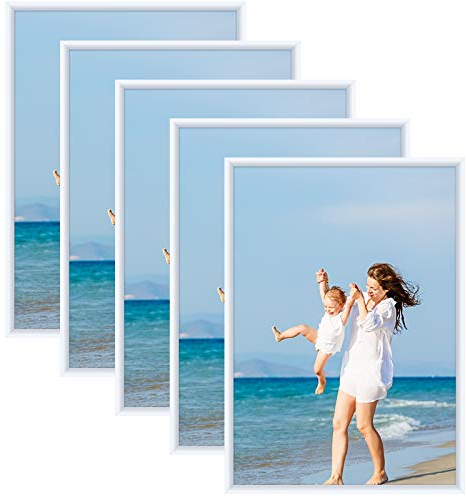 Alishomtll Juego de 5 marcos de fotos DIN A3, 29,7 x 42 cm, marco de fotos de plástico, juego de marcos de póster de plexiglás irrompible para colgar, para varias fotos, color blanco