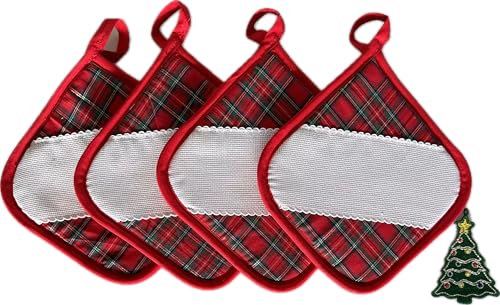 PRESINE da Cucina Scozzesi Natalizie Set da 4 Pezzi con Inserto in Tela Aida 100% Cotone in Omaggio Un ADDOBBO Natalizio di Buon Natale