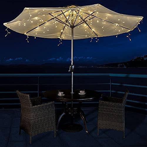ALL FORTUNE Patio Umbrella Lights, 200 LED Warm White, Solar Powered, Steady Glow or Twinkling Modes, Perfect for Garden Decor, Backyard, Pool and Beach
