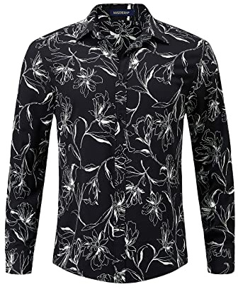 HISDERN Chemises pour Hommes Manches Longues Noires Chemise Boutonnée élégante De Soirée Décontractées Chemise Slim Fit en Coton Imprimé, Noir et Blanc