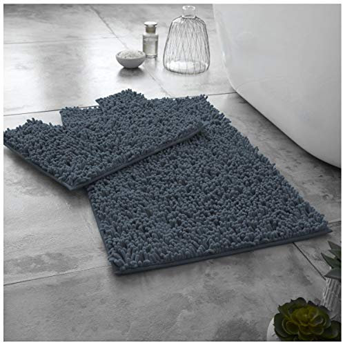 GC GAVENO CAVAILIA Soft Bath Mat Sets For Bathroom | 2 Piece Bath Mat Non Slip Back | Highly Water Absorbent & Fast Drying 100% Microfiber Chenille Toilet Rug with Pedestal Mat | Dark Grey