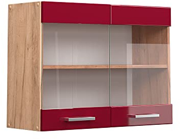 Vicco Küchenglasschrank R-Line, Rot Hochglanz, 80 cm | 2 Türen · 1 Einlegeboden · Tiefe – 31 cm · ✓ Frei kombinierbar · ✓ Alles im Blick