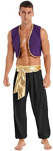 iiniim Herren Arabischer Prinz Kostüm Araber Outfits Weste Tops mit Pumphose Halloween Kostüm Karneval Fasching Mottoparty Schwarz XL