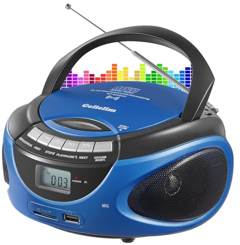 Gelielim Portable Boombox CD Player, Top Loading CD Players for Home with Bluetooth, AM FM Stereo Radio, Support USB, SD, MMC Drive, LCD Display, Headphone Jack, AC/DC Powered, Gift for Seniors-Blue