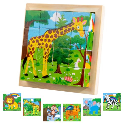 Würfelpuzzle, Holzpuzzle 3D, Lernspielzeug Holzspielzeug, Würfelpuzzle Puzzlespiele 6 in 1 Tier-Motive für Kinder, Montessori Vorschule Lernspielzeug Geschenk für Jungen und Mädchen
