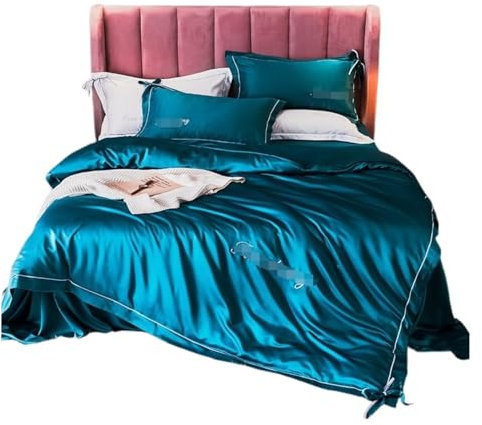 Bettbezug-Sets Seidenbettwäsche-Sets, Bettbezug, Doppel-Satin, Weich, 4-teiliges Bettdeckenbezug-Set, Bettlaken Für Erwachsene Bettwäsche-Bettbezug-Set (Color : Blu, Size : 2m Bed)