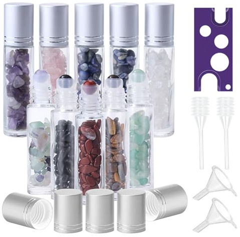 BYZESTY Roll On glasflaskor för eterisk olja, 10 stycken rulle on flaska 10 ml, rollon-flaskor för oljor med naturliga ädelstenar, påfyllningsbar behållare för eteriska oljor, parfymer