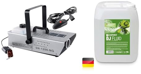 Showlite SN-1200 Nebelmaschine (1200W, 500m³ Nebelausstoß/min, 7 Min. Aufwärmzeit) inkl. Funk Fernbedienung & Cameo Light CLFDJ10L DJ Nebelfluid, 10L