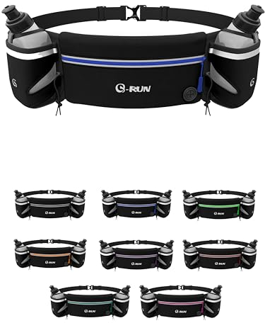 Q-RUN Hydration Running Belt with 2 x 10oz Water Bottles, No Bounce Adjustable Waist Belt for Men & Women, Marathon Running Gear