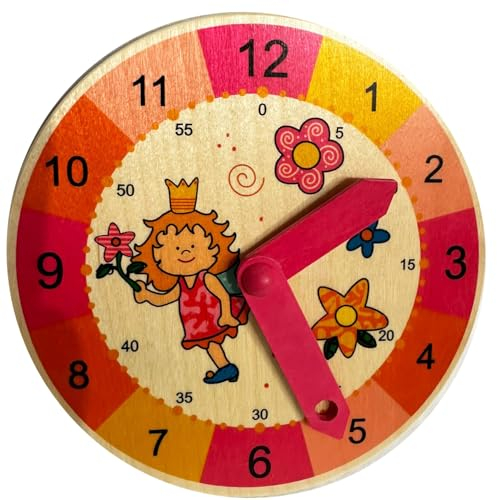 alles-meine.de GmbH Holzuhr - Lernuhr - Kinderuhr - Fee & Prinzessin - Uhrzeit Lernen für Kinder - 18,5 cm - zum Verstellen drehen aus Holz