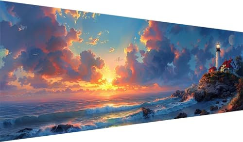 Diamond Painting Set 250x100 cm, DIY Leuchtturm Diamond Painting Runde Steine Strass Stickerei Kunst Kits, Diamond Painting Zubehör Set Basteln Erwachsene, Diamond Painting Sonnenuntergang für Deko