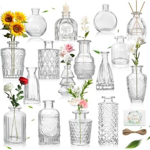 UCAMP Vaso di Fiori Piccolo,16 Vaso Fiori Piccoli Decorativi,Vaso di Fiori Vintage,delicato vaso di fiori in vetro decorazione vintage,per Rose Pampa Erba,feste di matrimonio in casa decorazioni