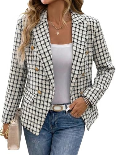 Mina Self 2025 Fall Women's Tweed Plaid Blazer Jacket - Fashion Slim Fully-Lined Double-Breasted Casual Work Coat (Pockets), Black, L