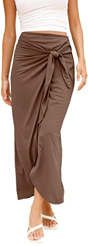 TASAMO Women's Trendy Maxi Skirt - Ruched Pencil Skirt for Summer Beach Vacation（Medium,Olive Brown）
