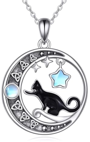 YAFEINI katt halsband sterlingsilver månsten svart kattsmycke presenter för kvinnor och kattälskare, Sterlingsilver