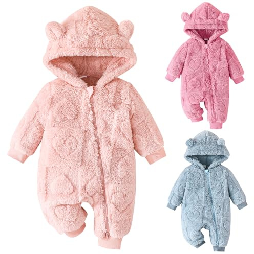 Winmany Nouveau-né Bébé Hiver Combinaison Neige Ours Polaire Capuche Combinaison Coeur Combi-short Manteau D’hiver Vêtements D’extérieur Pour Garçons Filles (Rose Pâle, 0-3 Mois)