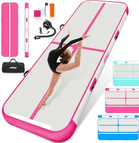 ALLPICK Turnmatte Aufblasbar mit elektrischer Luftpumpe, Länge 3/4/5/6 m Trainingsmatte, 10/20 cm hoch Tumbling Matte, Doppelseitiges Design Aufblasbar für Gymnastikmatte, Yoga -Rosa 600*100*10 cm