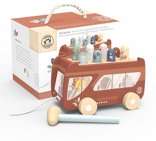 Speedy Monkey SP1017 Banc de Bus martelé, Multicolore, 20,7 x 14 x 14,6 cm, Jouet en Bois pour Enfants, détails soignés, Excellente idée Cadeau