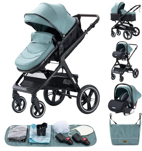 GLOKID Kinderwagen 3 in 1,Reisesysteme, Babywanne Buggy,Voll-Gummireifen,Mit Einem Klick Zusammenklappbarer, Rain cover Mosquito net, Mummy Bag（Grün） | LQLDE X1 Grün