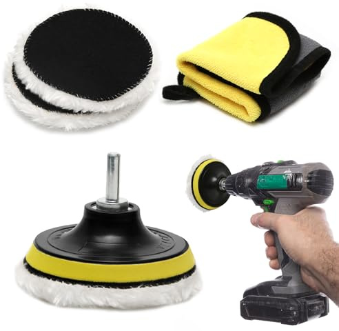 5 teiliges Polieraufsatz für Akkuschrauber, Wolle Polierpads mit Poliertuch, Polierset für Auto, Holz und Glas zum Polieren, Schleifen und Wachsen