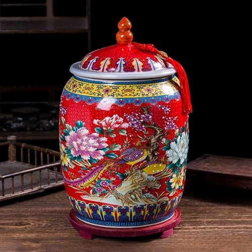 YUGXTH Chinese Ceramic Rice Bucket, Food Storage Container with Lid, Large Grain Dispenser, Airtight Bulk Food Storage, Ceramic Rice Bucket Cereal Containers Storage, for Cereal, Flour, Sugar(Red,25kg