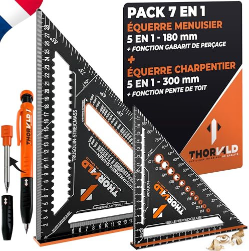 THORVALD Pack 7 en 1 Equerre Menuisier 180 mm + Charpentier 300 mm + Crayon Chantier - Multifonction : Trusquin/Raporteur/Pente de toit/Equerre a chapeau - Aluminium - Outil pour gagner du temps
