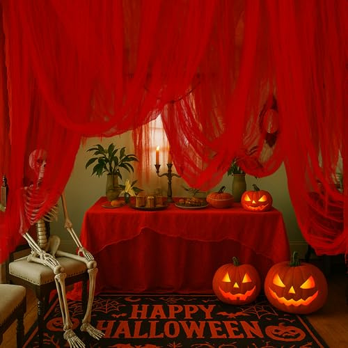 5x2.15M Halloween Gruseliger Tuch - Rot Halloween Deko Horror Gaze Stoff für Innen Outdoor Türen Hallen,Veranden,Decks,Fenster,Tore, Garten Deko Prop