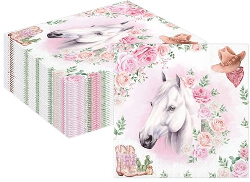 MORAINJAY 40 Stück Pferde Servietten, 33x33cm Rosenpferd Papierservietten Pferdethema, Kindergeburtstag, Party Deko Mädchen Jungen