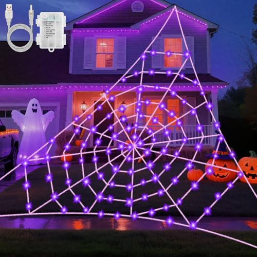 Gcstnn Halloween Spinnennetz Lichterkette, 5x5M 120 Lila LED Spinnennetz Lichterketten, USB/Batterie mit Timer, 8 Modi, Wasserdicht, für Vorhof, Garten, Spukhaus, Außen, Innen, Halloween Deko Outdoor