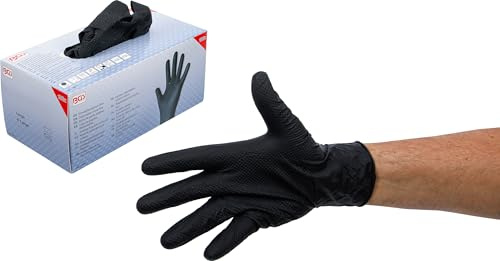 BGS 74671 | Einweghandschuh-Box | Nitril | mit extra Griffigkeit | Gr. XL | 100 St. | Schwarz | puderfrei | unsteril | Rollrand | Touchscreen-geeignet | Handfläche 0,22 mm | Finger 0,25 mm