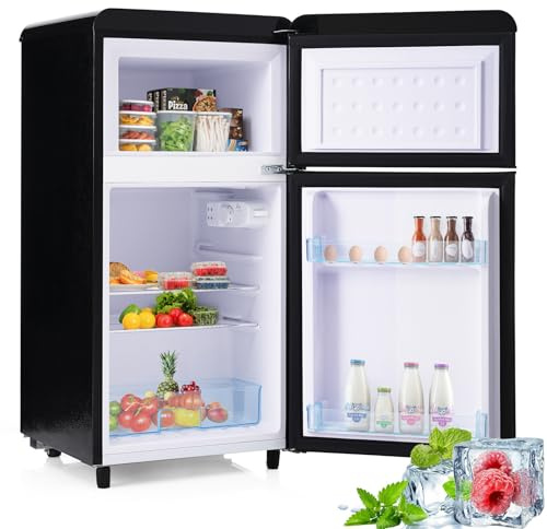 Frigorífico Retro Con Congelador De 72 L Con Congelador De 21 L, Frigorífico Pequeño Con Compartimento Para Verduras, 120 Kwh/Año, Iluminación LED, Para Cocina, Salón, Oficina,Black