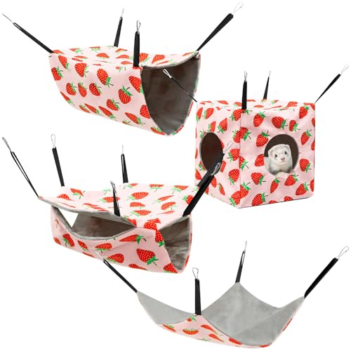 RHAIQBVC 4Pcs Hamster Hammock Set Rat Hanging Bed House Washable Guinea Pig Hideout Bed Soft Ferret Hanging Nest for Chinchilla Sugar Glider Squirrel(Pink Strawberry)