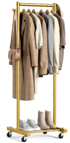 MISSLO Small Clothes Racks for Hanging Clothes Clothing Rack with Wheels 60 Garment Rack with Shelves Portable Rolling Wardrobe Rack for Small Space (Gold)