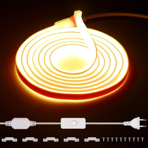 5m LED COB Alto brillo 220V, 288leds/m, tira blanca cálida de 3000K sin transformador, cinta LED flexible y recortable con interruptor IP65 para decoración del hogar Iluminación, cocina, jardín, tv