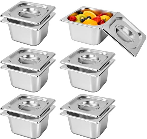 Contenedor GN 1/6, Juego de 6 Bandejas GN 1/6 de Acero Inoxidable, Recipientes Inox de 10 cm de Profundidad con Tapa, Contenedores Gastro Apilables, Cubetas para Baño María y Conservación de Alimentos