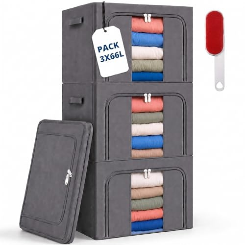 RICHXEL Cajas Almacenaje Ropa GRANDES Pack 3 · 66L (198L total) — Armario, Marco Metálico Rígido y Apilable, Plegable, Tela Oxford con Cremallera y Ventana Transparente Quitapelusas Incluido