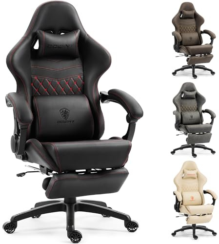 Dowinx Gaming Stuhl ergonomisch mit zweistufig ausziehbarer Fußstütze, Massage-Lendenkissen, Gaming Chair mit Bürokomfort für langes Sitzen, bis 200 kg belastbar, Rückenlehne 165°, Schwarz