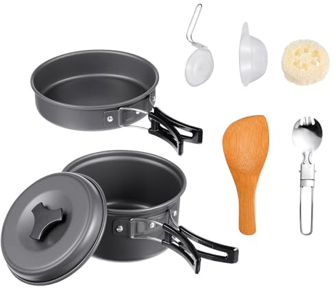Yardwe Juego de Utensilios de Cocina para Acampar 1-2 Personas Set Portátil de Ollas y Sartenes para Picnic y Senderismo Ligero y Compacto para Exterior Adecuado para Camping y