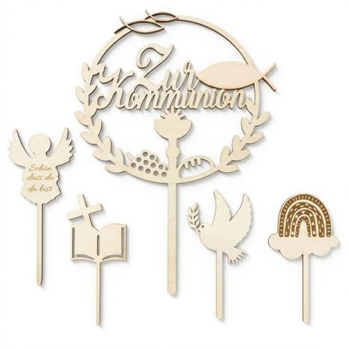 JIRVEX 5 piezas Topper de tarta Confirmación de madera Set de decoración para tartas de Confirmación, Primera Comunión, Bautizo, adornos para tartas para niños y niñas