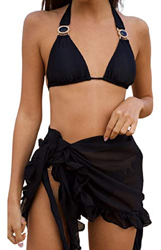Edhomenn Womens Short Beach Sarong Summer Bottom Cover Ups See Through Bikini Wrap Skirt Vacation Outfits (01 Black, One Size)