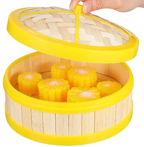 minkissy Vaporera de Bambú Nivel con Tapa Amarilla de Plástico, Práctica y Conveniente para Cocinar Bollos y Verduras en Casa, 20 Cm