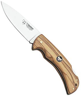 Cudeman Navaja 325-L hoja de acero ACX-380 de 9,5 cm y empuñadura de olivo satinado de 11,5 cm para caza, pesca, supervivencia y bushcraft + Portabotellas regalo