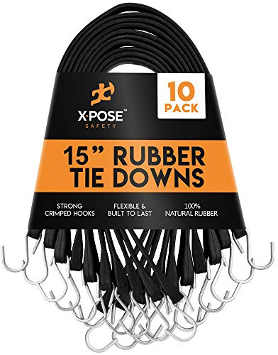 Rubber Bungee Cords with Hooks 10 Pack 15 Inch (23” Max Stretch) - Heavy-Duty Black Tie Down Straps for Outdoor, Tarp Covers, Canvas Canopies, Motorcycle, and Cargo - by Xpose Safety
