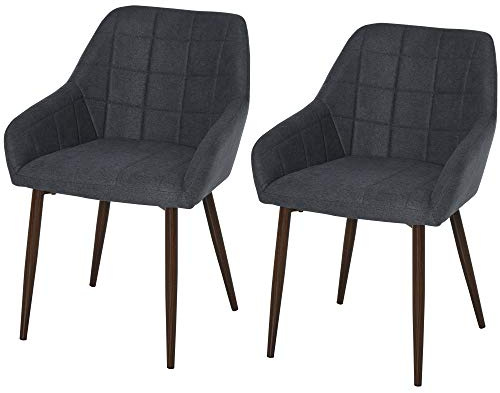 HOMCOM 2 Pieces Linen-Touch Fabric Dining Chair with Grid Pattern Cushion and Backrest, Mid Back Leisure Chair with Steel Leg, Sponge Padded Armchair for Dining Room