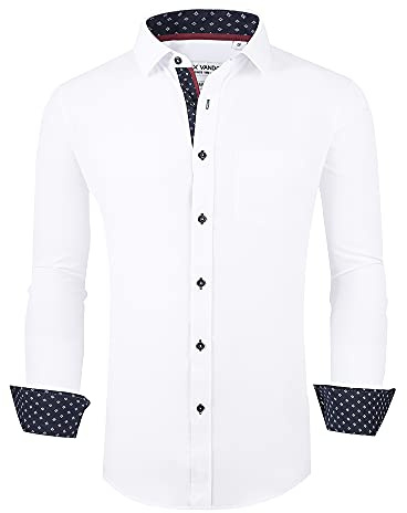 Alex Vando Mens Dress Shirt Wrinkle Free Regular Fit 4-Way Stretch Button Down Shirts, White, Medium