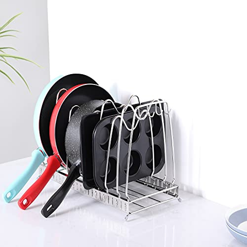 QMLALA Sturdy Pots and Pans Organizer under Kitchen Cabinet, Adjustable 304 Stainless Steel Lid Rack Holder for Skillets, Baking Set, Trays and Cutting Board:No Assembly Required