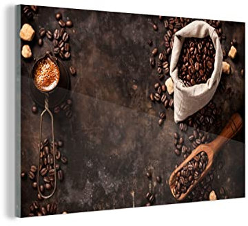 MuchoWow Glasbild Glasfoto Wandbild Bilder Deko 30x20 cm Kaffeebohnen - Kaffee - Beutel